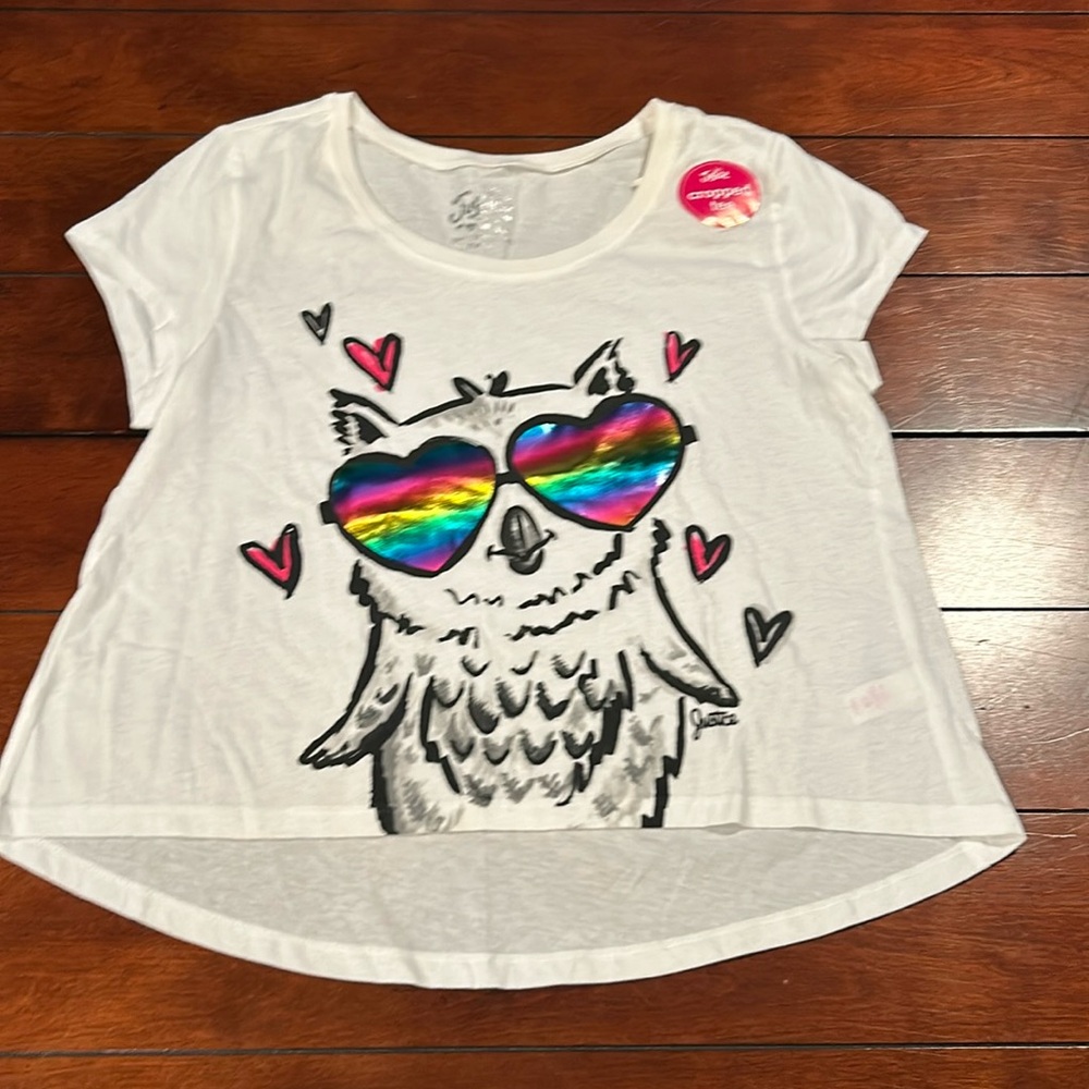 NWT Justice White Cropped Owl Heart Rainbow Glasses Size 18